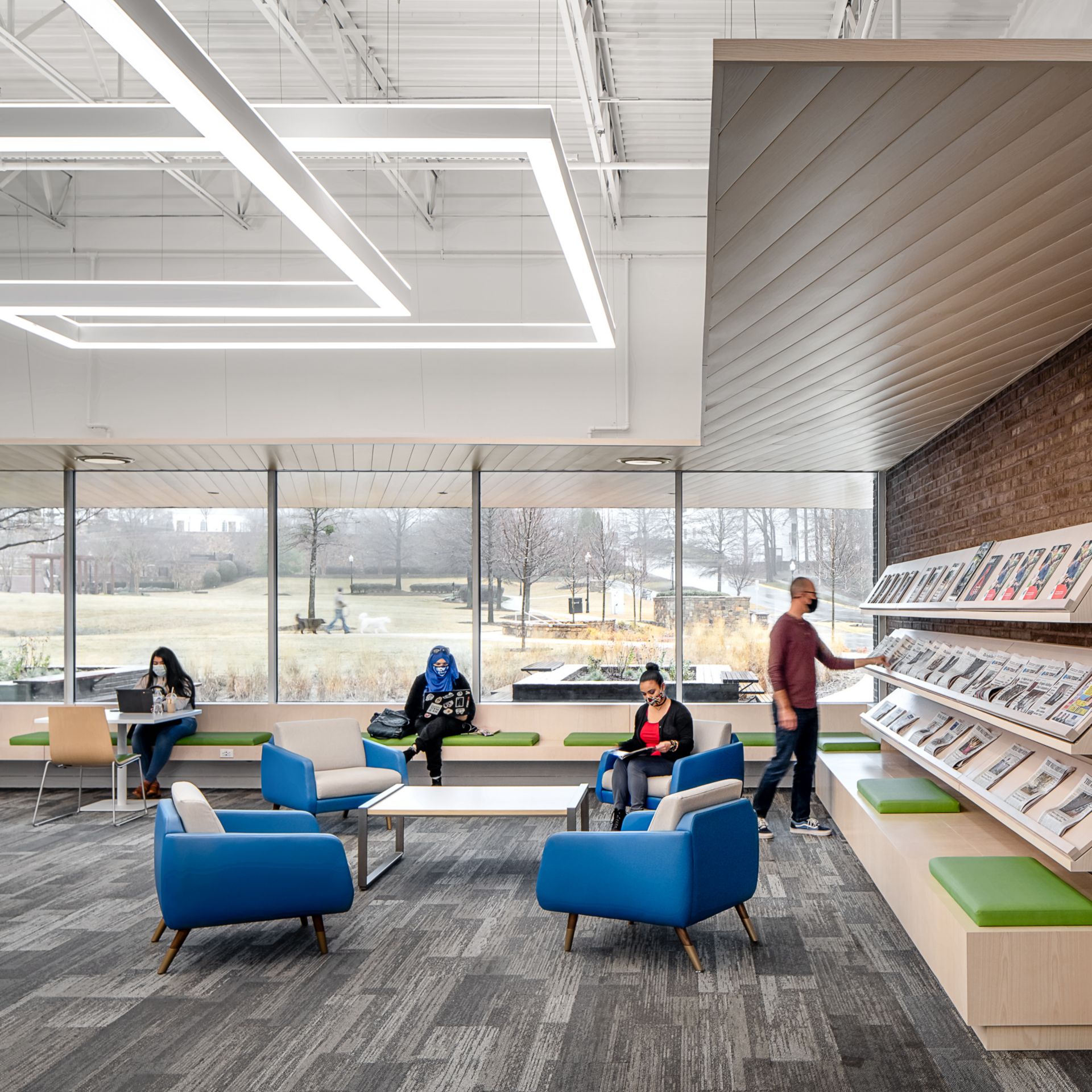 AE311 plank carpet tile in public library periodical section